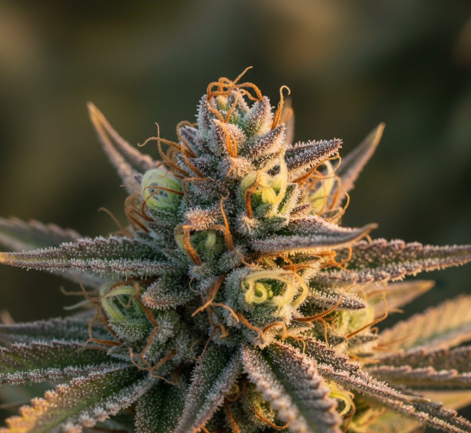 Mature cannabis plant displaying frost-covered buds ready for harvest assessment